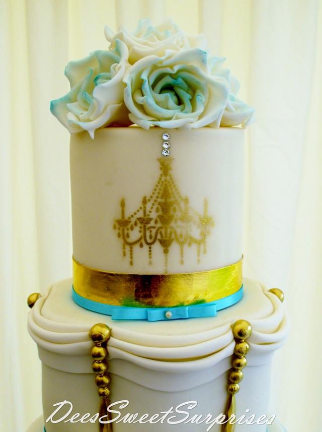 5 tier ivory, gold and tiffany blue wedding cake