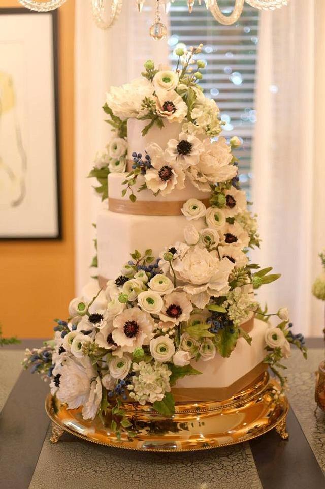 Spiraling Sugar Flower Wedding Cake