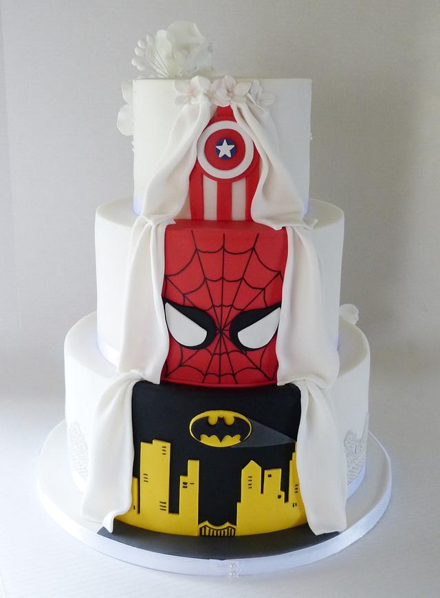 Double two sided Marvel Avengers wedding cake