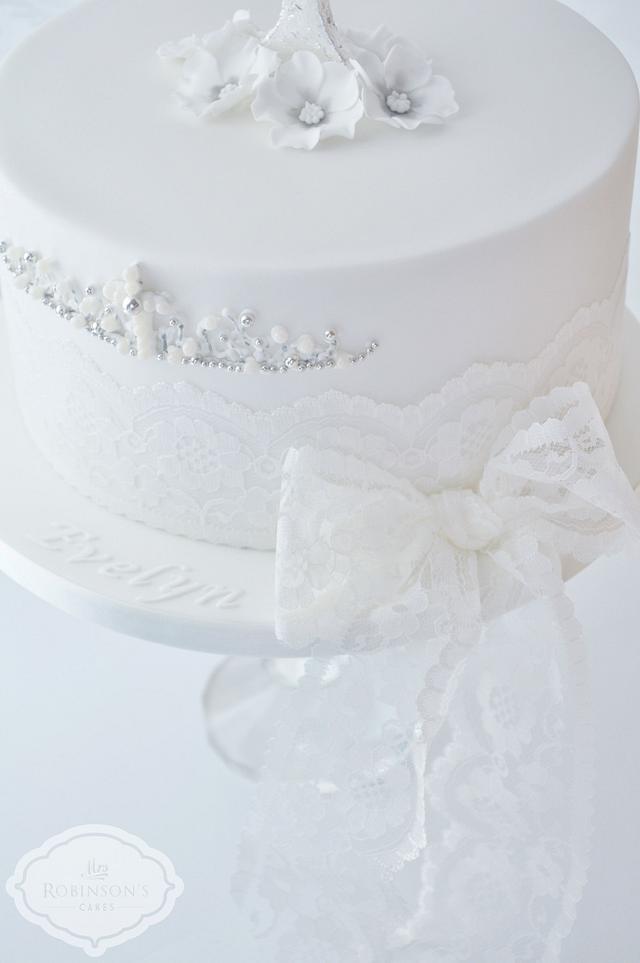White & silver girl's First Holy Communion cake