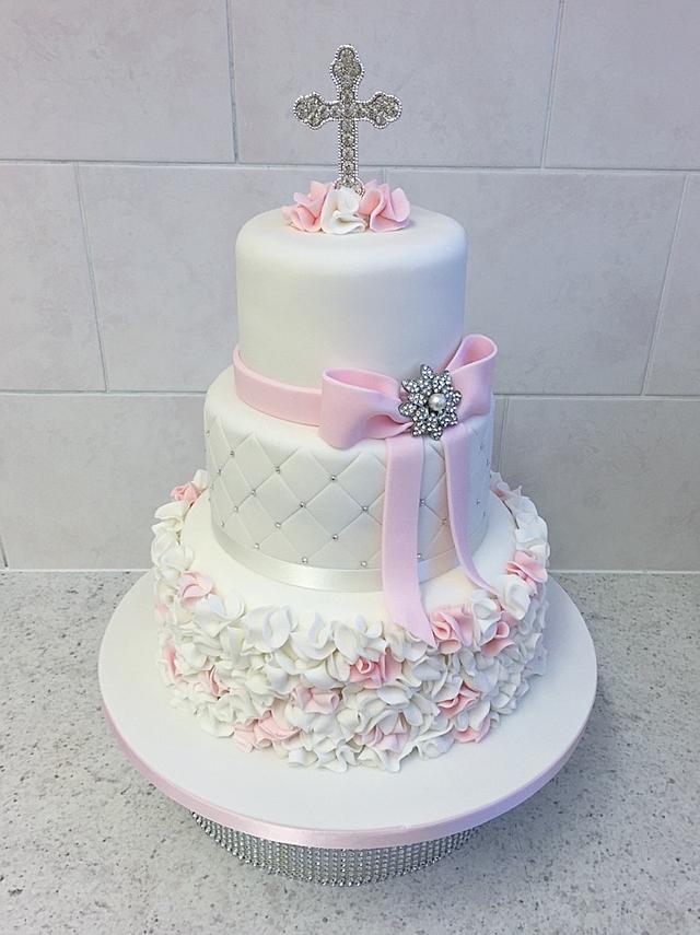 Pink ruffle christening cake - Decorated Cake by Ice - CakesDecor