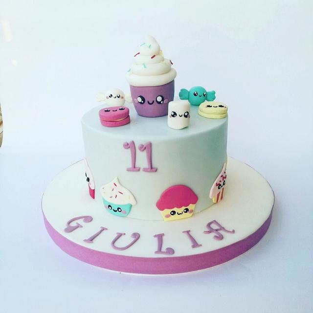 Kawaii Birthday Cake With Adorable Eyes Pink Frosting
