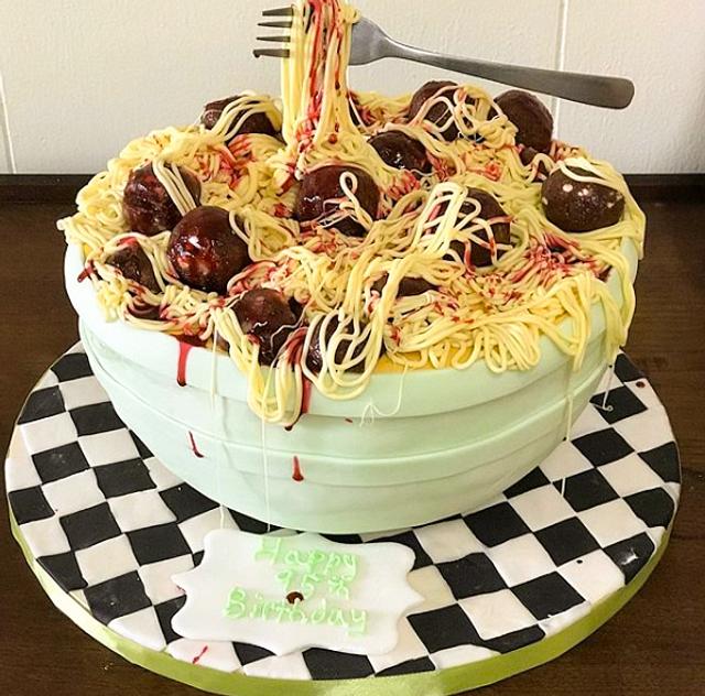 spaghetti and meatballs gravity cake - Decorated Cake by - CakesDecor