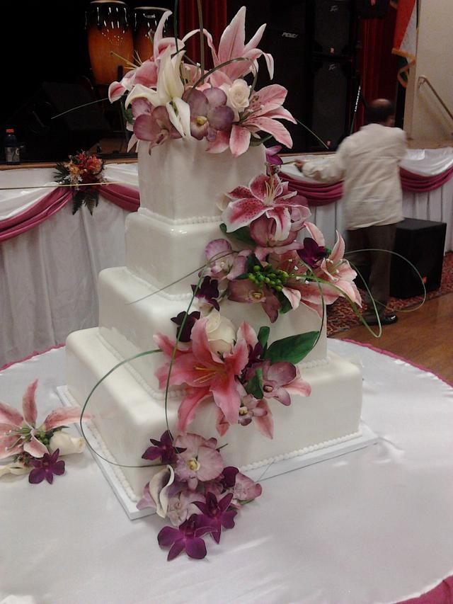 Stargazer orchid Square 4 tiered wedding cake - Decorated - CakesDecor