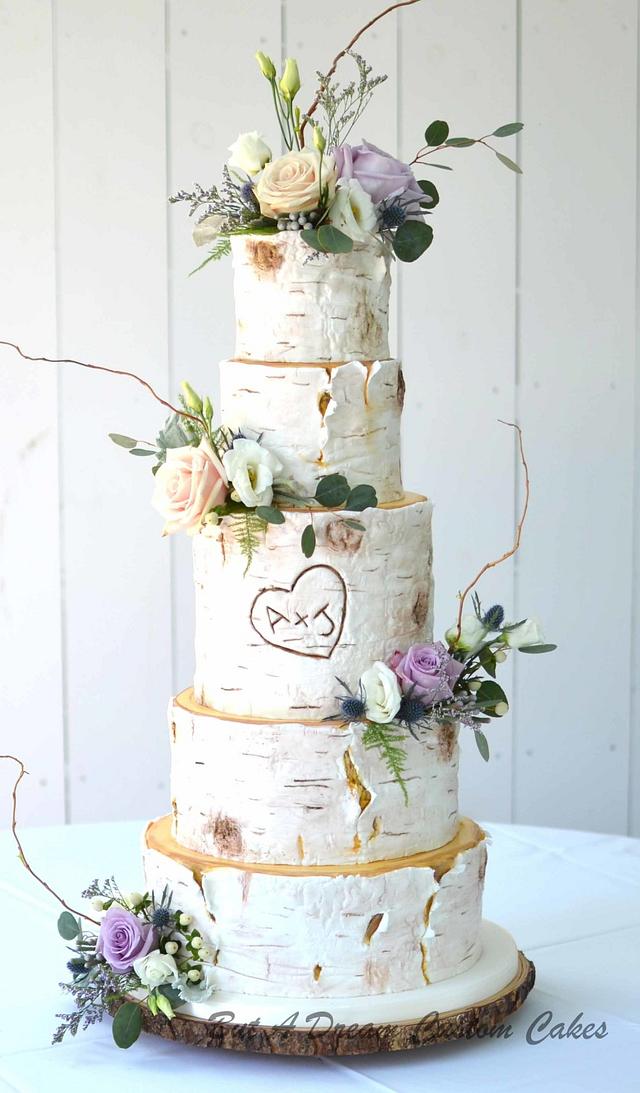 Towering White Birch Wedding Cake