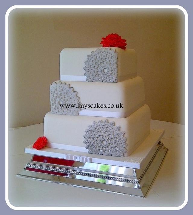 Fan/Lace Doily Design Wedding Cake Red and Silver Theme - - CakesDecor