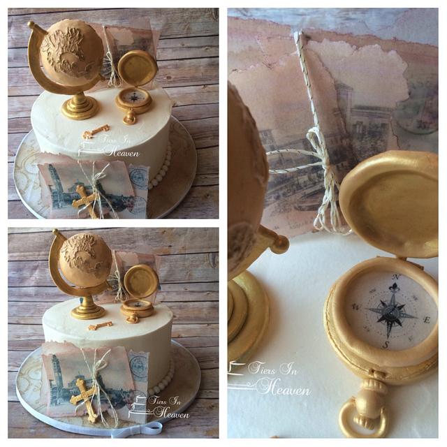 World Travel cake with gum paste globe and compass