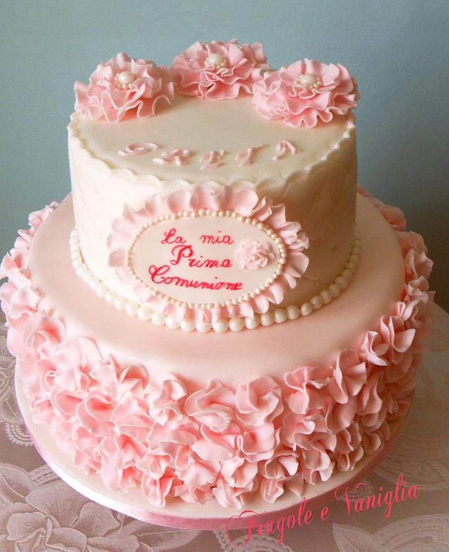 Pink ruffle First Communion Cake - Decorated Cake by - CakesDecor