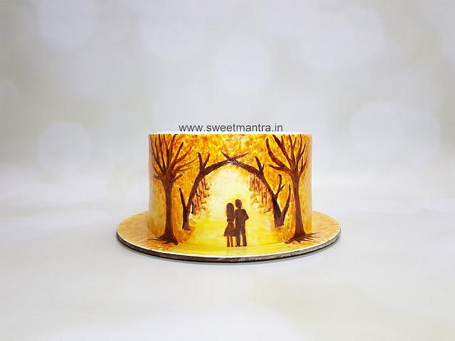 Fall colors theme handpainted cake for anniversary - - CakesDecor