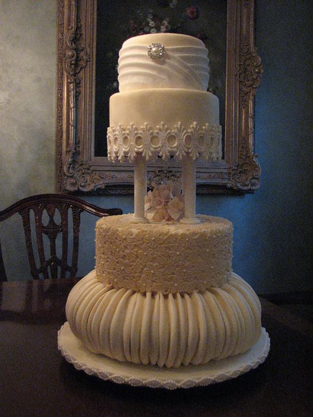 Ivory lace & fabric effect Wedding Cake - Cake by Beverly - CakesDecor