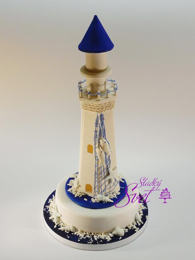 Blue and white lighthouse