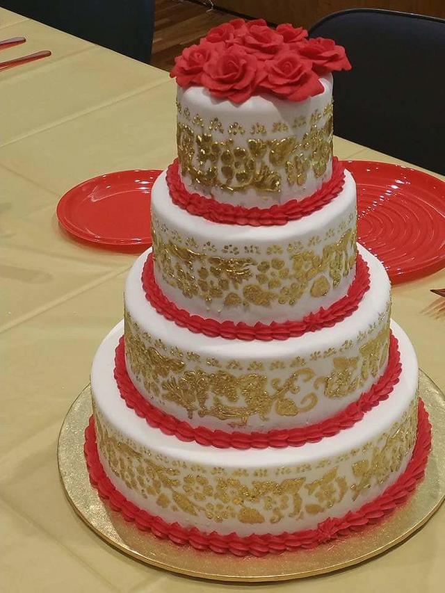 Red and gold wedding cake - Decorated Cake by Helen's - CakesDecor