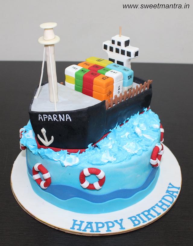 Cargo ship theme customized cake with 3D ship Cake by