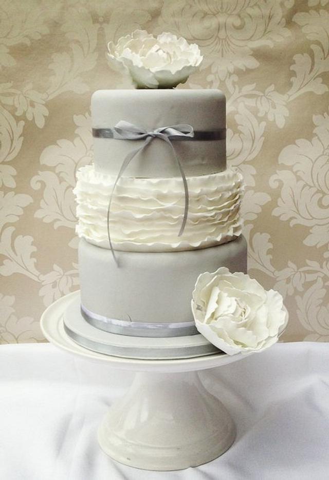 Grey and White wedding cake with sugar peonies