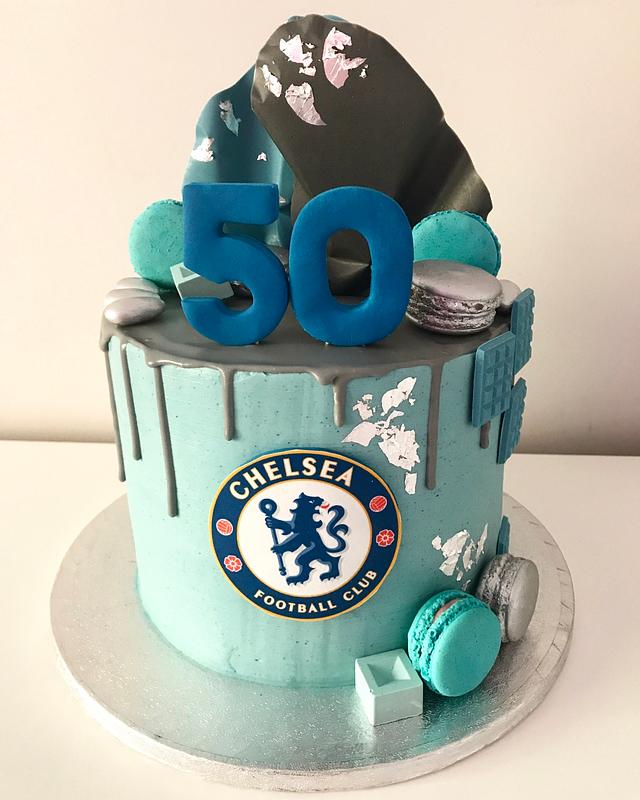 45 Awesome Football Birthday Cake Ideas : Blue and White Chelsea Cake +  Gold Flakes