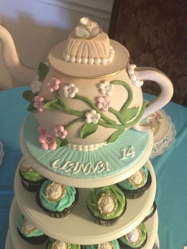 Teapot Cake/Cupcake Tower Decorated Cake by Nizelle CakesDecor
