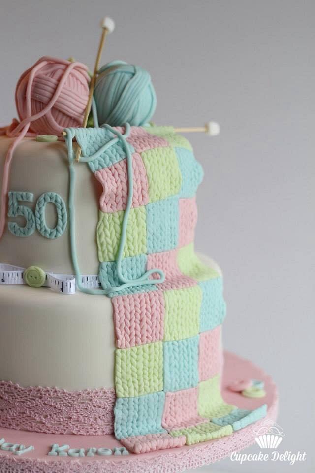 Knitting themed birthday cake