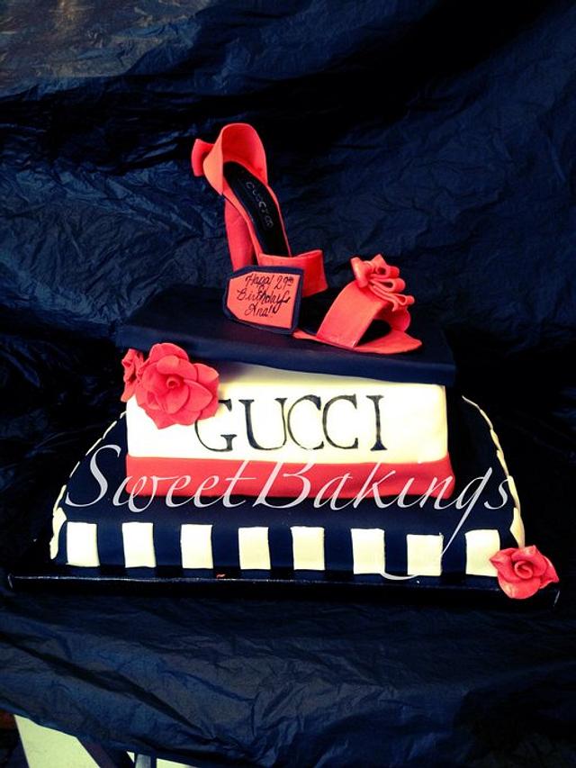 Gucci B&w cake with Red high heel shoe - Decorated Cake - CakesDecor