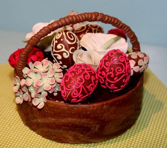 Easter basquet filled with decorated chocolate eggs and sugar flowers