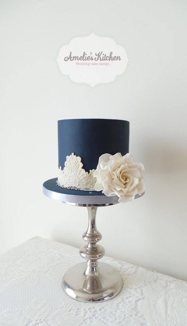Navy blue and ivory lace wedding cake Cake by Helen