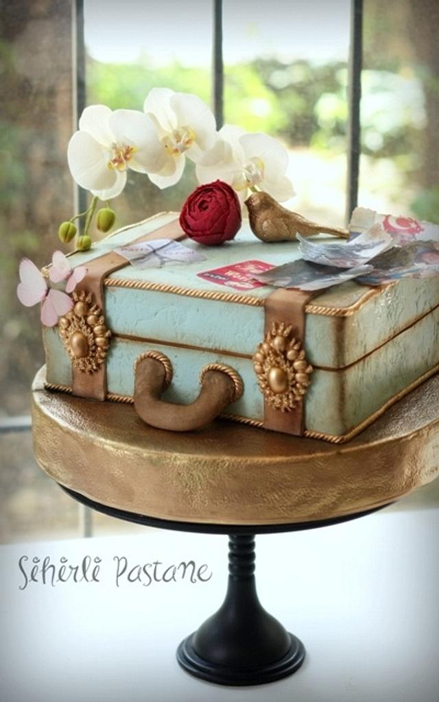 Suitcase Cake with White Orchids