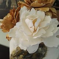Cake black and white, peony and paint, gold dust