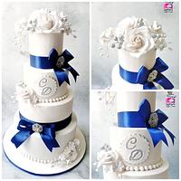 White and Blue wedding cake