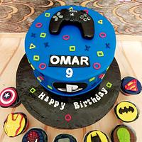 "Play station cake & Avengers cupcakes"