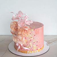 Pink gold cake with fantasy flowers