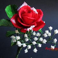 Snow red rose and  geophila in gum paste