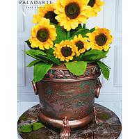 Vintage pot cake with gum paste sunflowers 