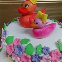 Cake with ducks and flowers