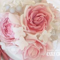 Roses Peonies and Lace Wedding Cake