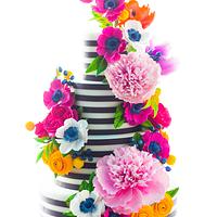Black and White Stripe Sugar Flower Cake 
