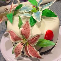 Stargazer Lily Vanilla Cake with Hand-painted Stems