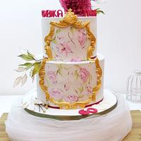Hand painted Birthday cake with open peony.