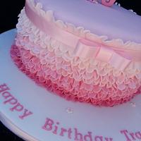 Pink ribbon and frills birthday cake. 