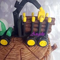 Lumberjack truck and tree stump cake