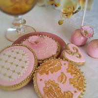 Pink and Gold Wedding cake pops and cookies