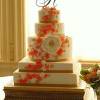 Coral and Gold Wedding Cake