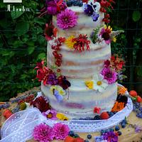 summer weddingcake, semi naked with all edible flowers