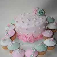 Pastel Pink & Green Birthday Cake & Matching Cupcakes 