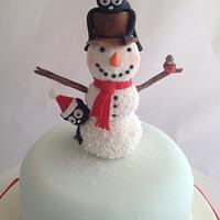 Snowman and two playfull cats Xmas cake 