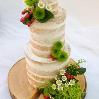 Naked wedding cake with cupcakes