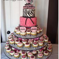 Zebra Stripes and Hot Pink Cake and Cupcake Tower