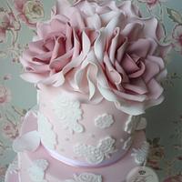 Pink vintage rose & lace wedding cake