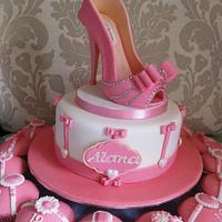 Pink Shoe cake and cupcakes. 