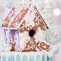 Blue Gingerbread Birdhouse Drip Cake