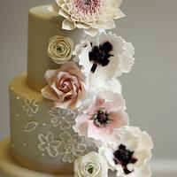 Pink and Grey Floral wedding cake