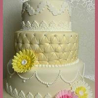 Vintage Lace Wedding Cake with Sugar Gerberas
